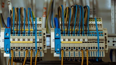 Angeschlossene blaue und gelbe Kabel in einem Schaltkasten